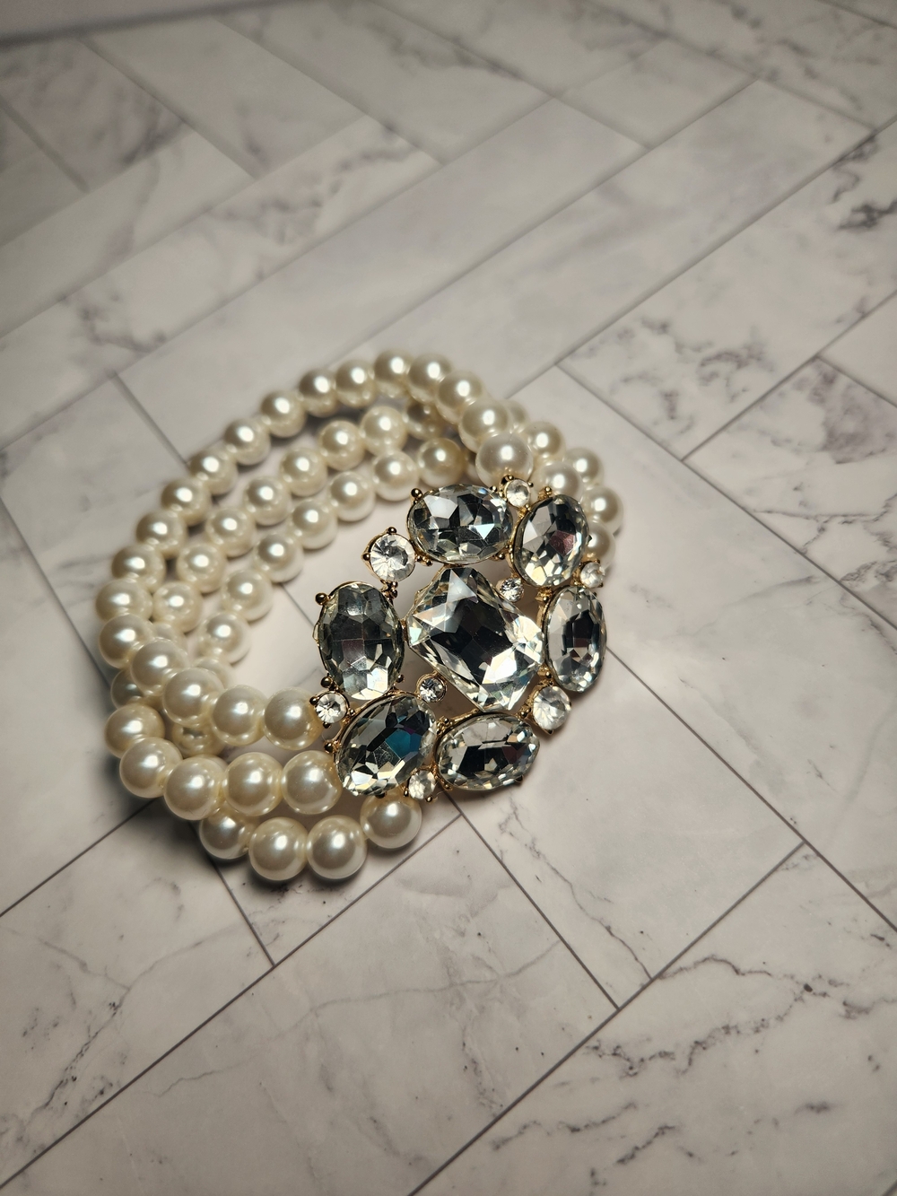 Crystal & Pearl Multi-Strand Bracelet - White Pearls
